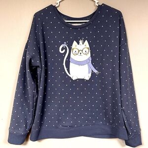 LC Lauren Conrad Cozy Cat Sweater / Sweatshirt Slate Blue Cat Print Sweater, XL